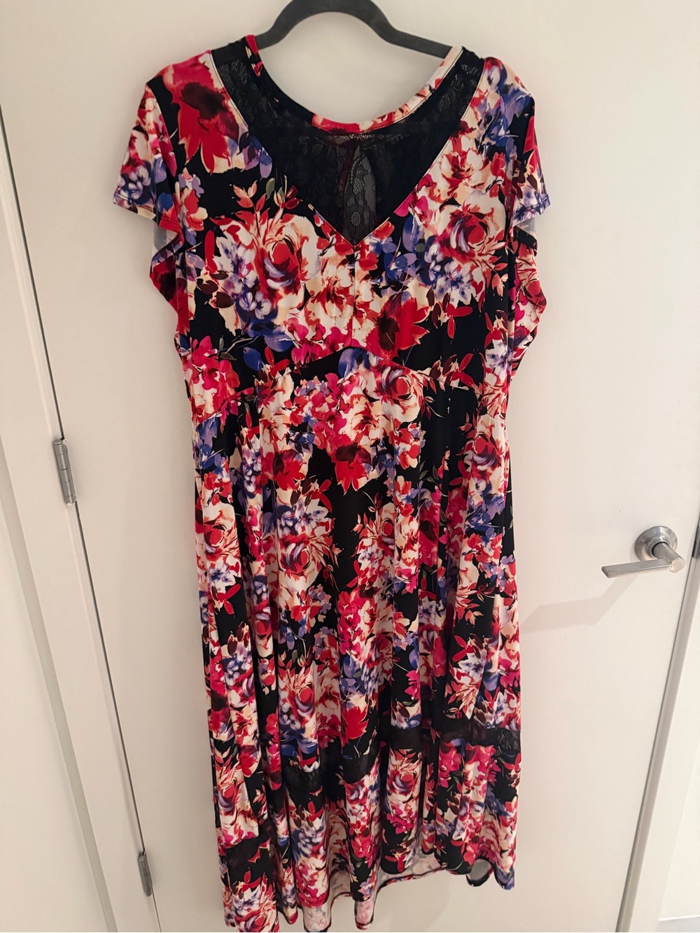 Floral V-Neck Black & Red Midi Dress